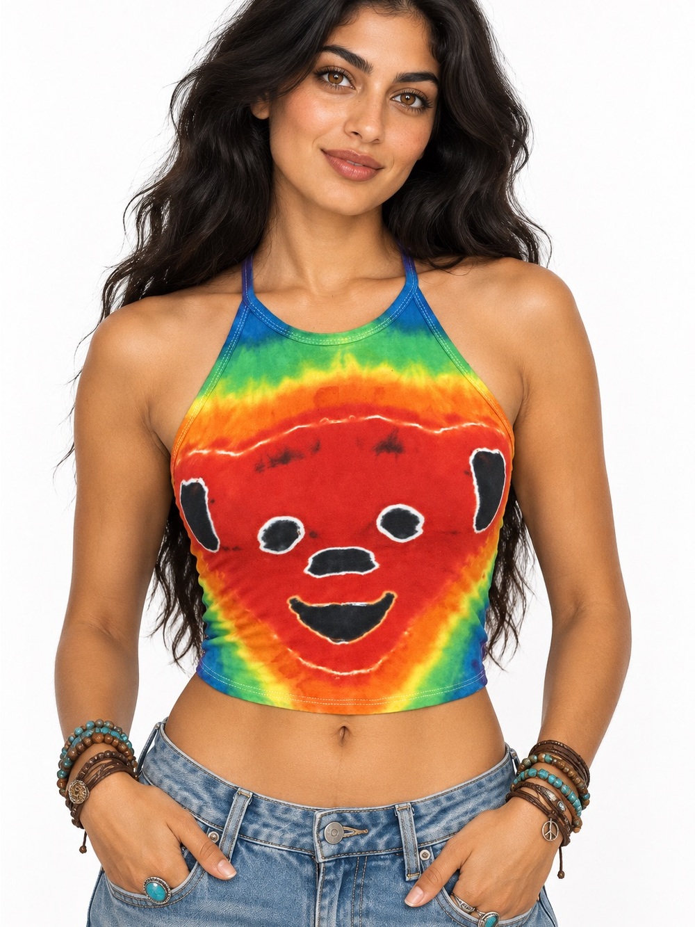 Grateful Dead Dancing Bear Tie Dye Halter Crop Tank Top Small Boho Hippie